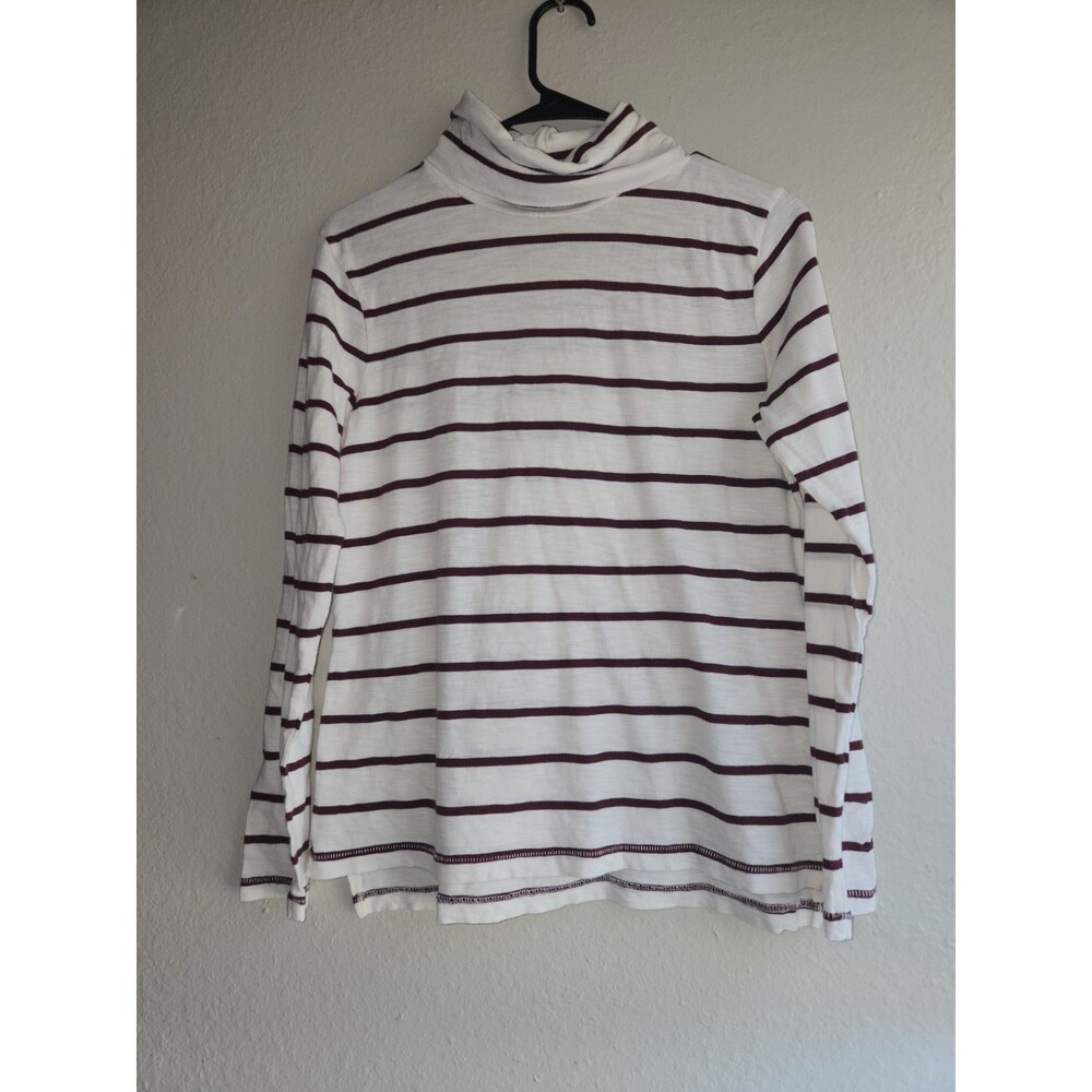 Madewell Womens M Striped Turtleneck Top Long Sleeve 100% Cotton Burgundy White